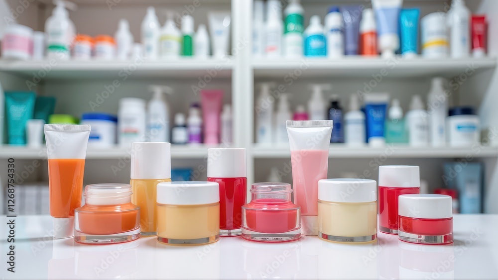 Chapped lips, Close-up of lip balm packaging on a clear pharmacy shelf backdrop photorealistic Chapped lips, Close-up of lip balm packaging on a clear pharmacy shelf backdrop photorealistic