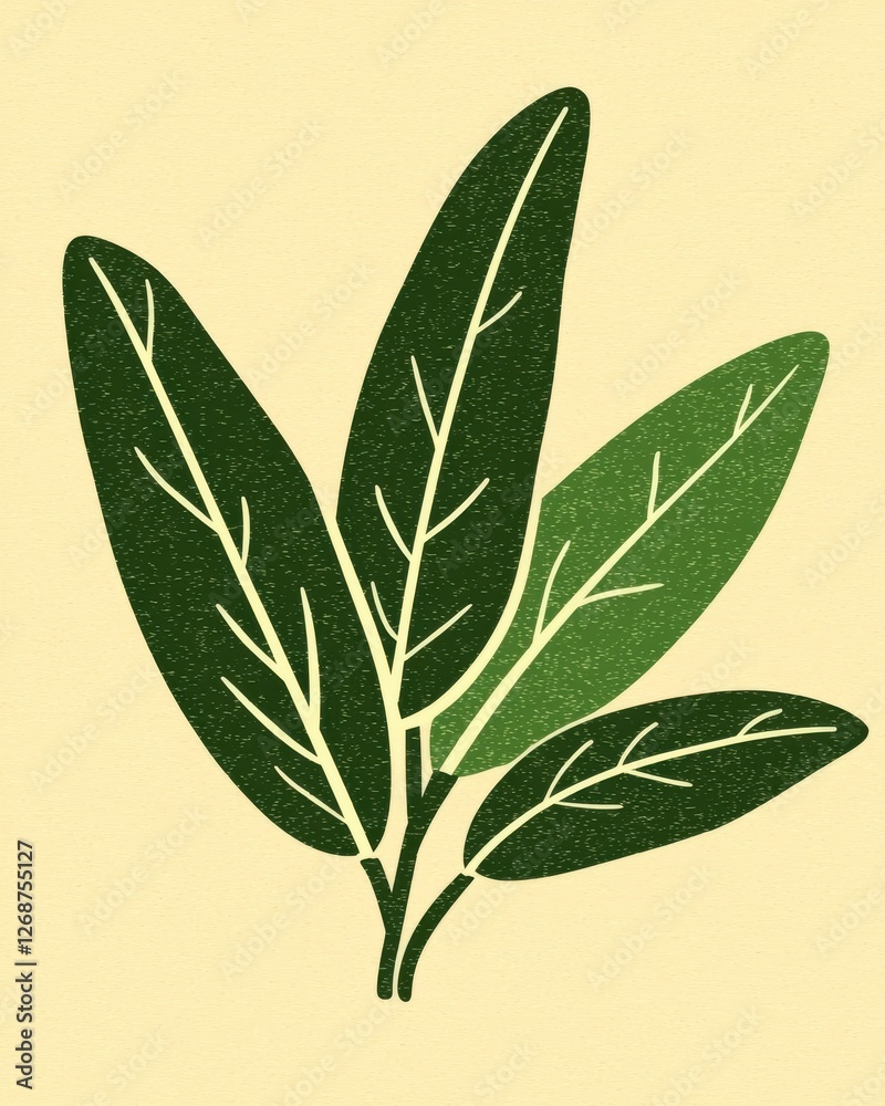 Naklejka premium Three Green Sage Leaves Illustration on Pale Yellow Background