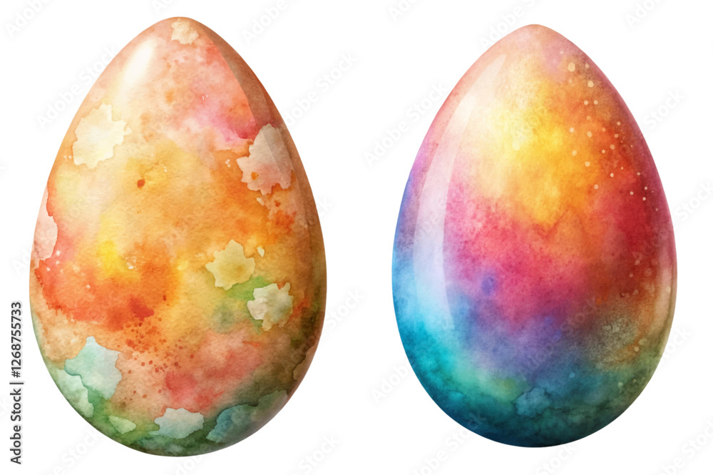 Fototapeta premium Colorful watercolor eggs, vibrant pastel hues, artistic design, festive decoration, spring celebration, creative artwork.