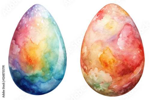 Colorful watercolor eggs, vibrant pastel hues, artistic design, Easter decorations, spring celebration, decorative elements.