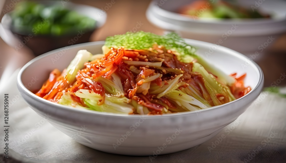 Traditional Korean Kimchi Cabbage in white bowl. Healthy food. Traditional Korean Kimchi Cabbage in white bowl. Healthy food.