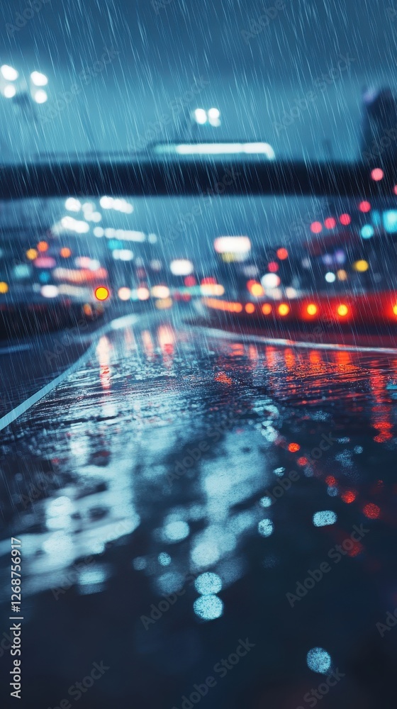 Obraz premium Rainy city street at night with blurred lights reflecting