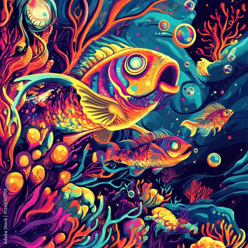 Vibrant illustration shows colorful fish swimming in a coral reef Vibrant illustration shows colorful fish swimming in a coral reef