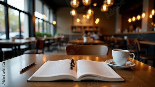 College application essay, Urban cafe table with notebook pen and coffee for brainstorming essays photorealistic.