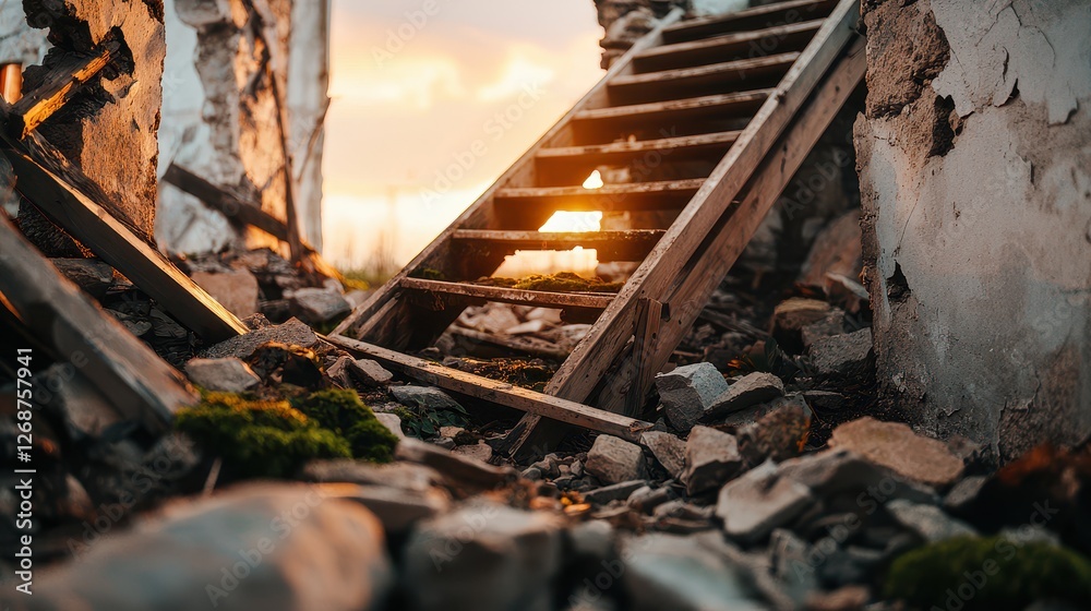 Ruined Abandoned House Concept, Remnants of a Rustic Farmhouse with Broken Stairs Surrounded by Debris and Natural Light at Sunset Ruined Abandoned House Concept, Remnants of a Rustic Farmhouse with Broken Stairs Surrounded by Debris and Natural Light at Sunset