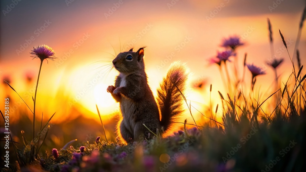 Obraz premium Adorable Ground Squirrel Silhouette at Sunset Meadow