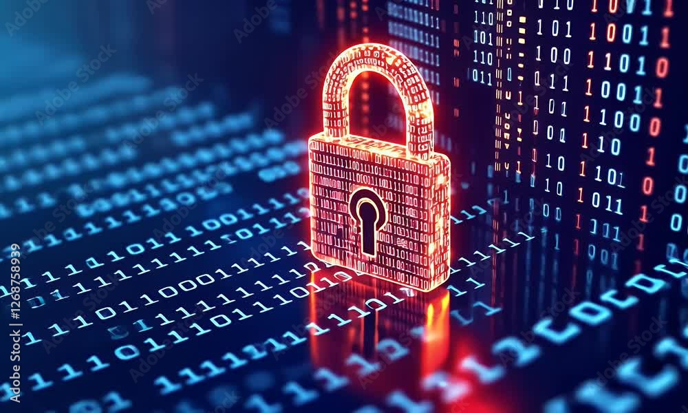 A digital padlock symbolizing cybersecurity and data protection amidst binary code.