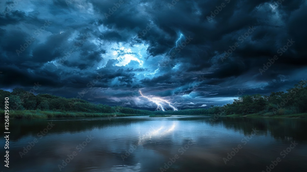 Serene River Surrounded by Stormy Clouds and Shimmering Reflections Serene River Surrounded by Stormy Clouds and Shimmering Reflections