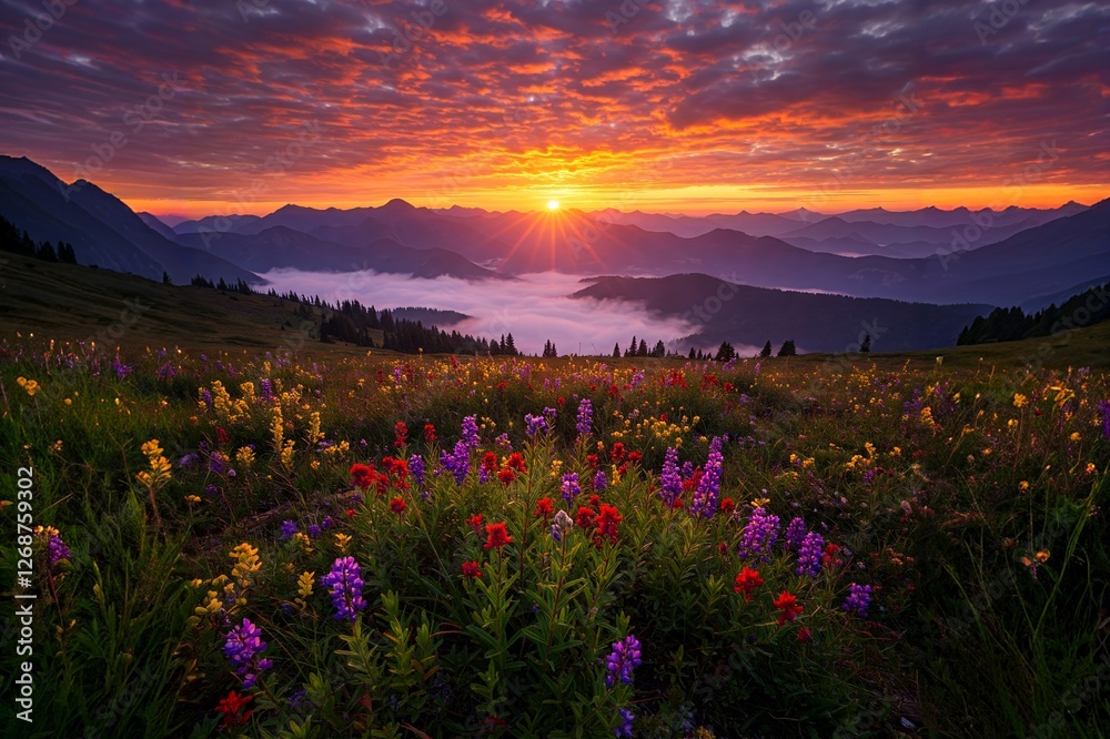 Fototapeta premium A vibrant sunset over mountains, with wildflowers in the foreground, casting colorful hues across a misty valley.