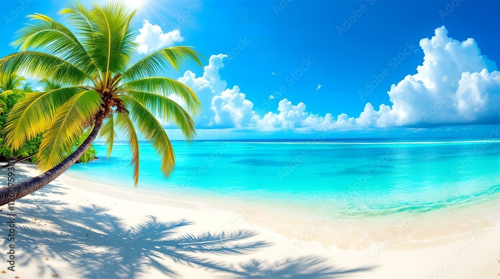 Obraz premium Tropical Beach Paradise: White Sand, Turquoise Water, Palm Tree, & Blue Sky - Stunning Coastal Landscape Vacation Destination Image
