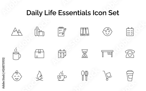 Vector icon set for travel, office, and daily life essentials. A collection of minimal line icons representing travel, work, communication, food, and time management.