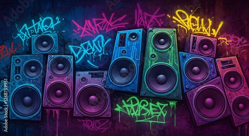 Wallpaper Mural Colorful Loudspeakers with Graffiti Art Style - Sound System Image Torontodigital.ca