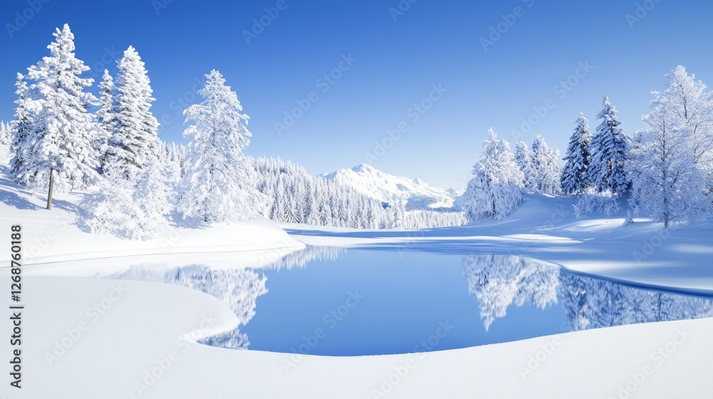 Tranquil Winter Landscape with Snowy Trees and Reflection in Water Tranquil Winter Landscape with Snowy Trees and Reflection in Water