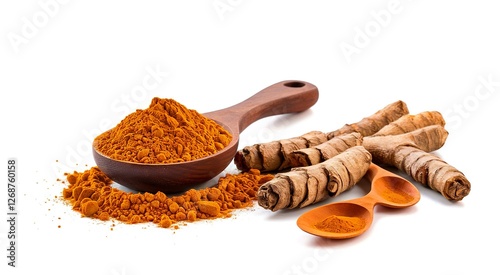 Dry turmeric powder or curcuma longa linn in wooden spoon isolated on white background photo