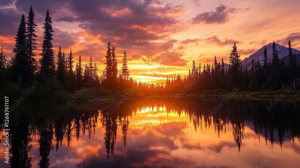 Obraz premium Captivating Sunset Over Secluded Lake Surrounded by Tall Pines