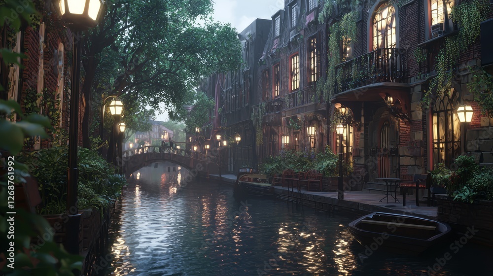 Fototapeta premium Dreamy Twilight Scene of Quiet Canal with Lush Greenery and Lights