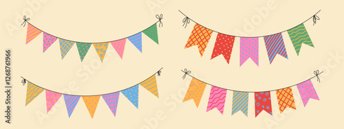 Flag garlands with patterns. Buntings set for birthday, carnival and party.