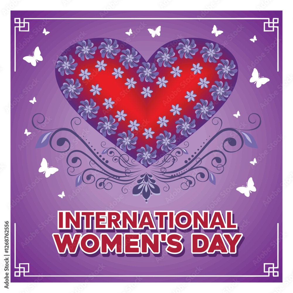 International Women's Day Poster with a bouquet of flowers in the shape of a heart. International Women's Day Poster with a bouquet of flowers in the shape of a heart.