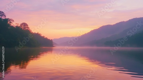 Serene Sunrise Over Mountain Lake with Reflective Water Surface