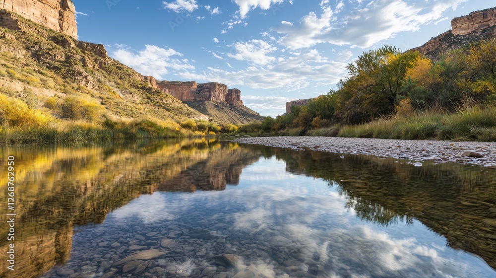 Fototapeta premium Serene Mountain Stream Reflecting Clouds in a Tranquil Landscape