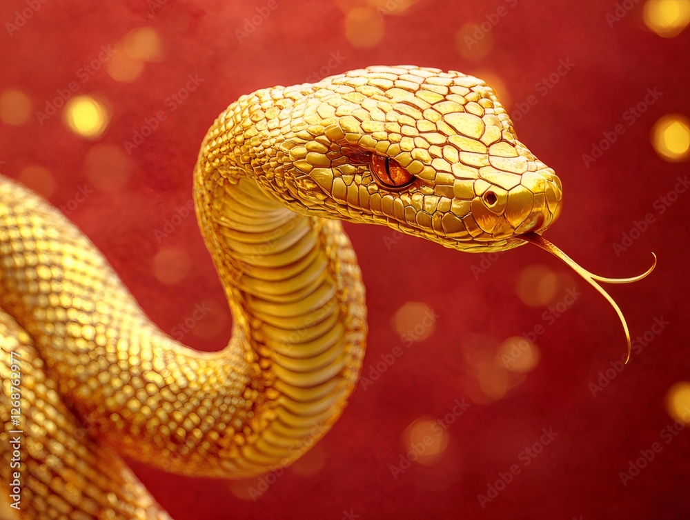 Golden snake portrait, red bokeh background, Chinese New Year Golden snake portrait, red bokeh background, Chinese New Year