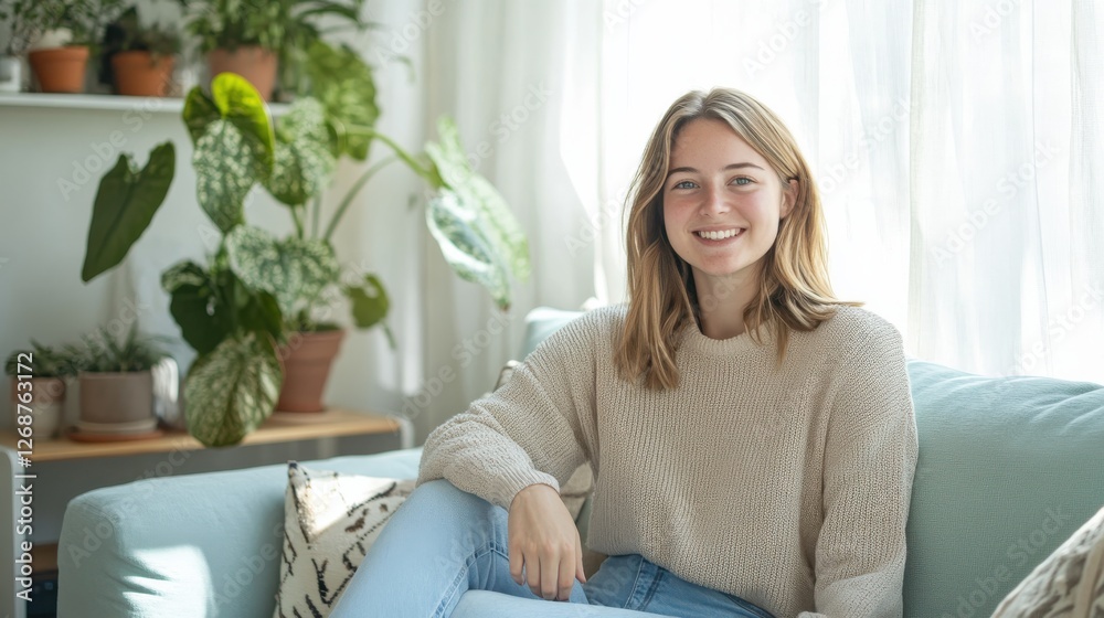 Bright smile of a young woman sitting comfortably at home in a cozy, well-lit living space filled with plants Bright smile of a young woman sitting comfortably at home in a cozy, well-lit living space filled with plants