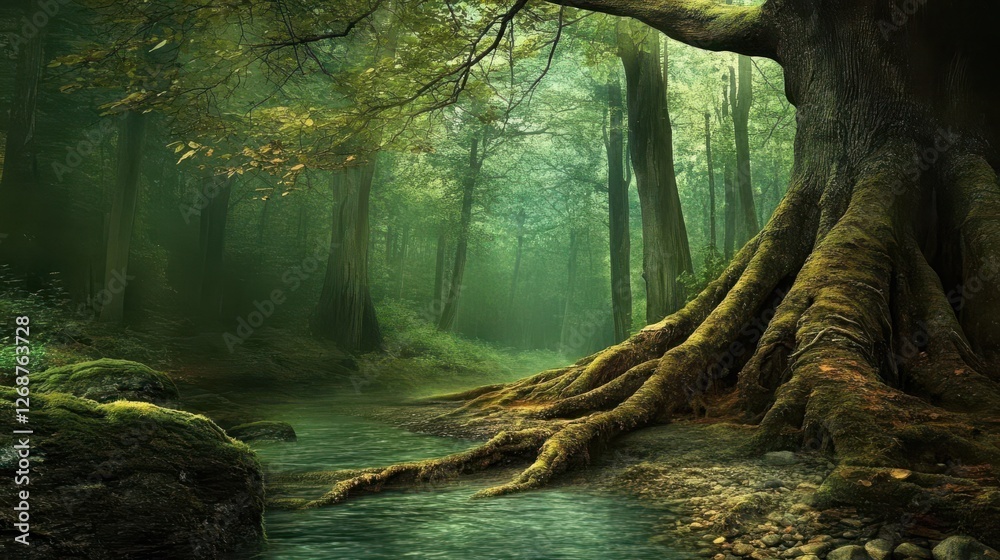 Fototapeta premium A forest background image showcasing an ancient forest with towering trees and roots that intertwine