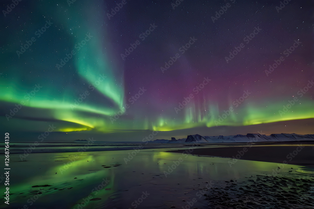 custom made wallpaper toronto digitalAurora northern lights in night sky with starry sky over arctic mountains reflecting on ice shore landscape, aurora borealis is a beautiful arctic polar nature phenomenon for a travel destination