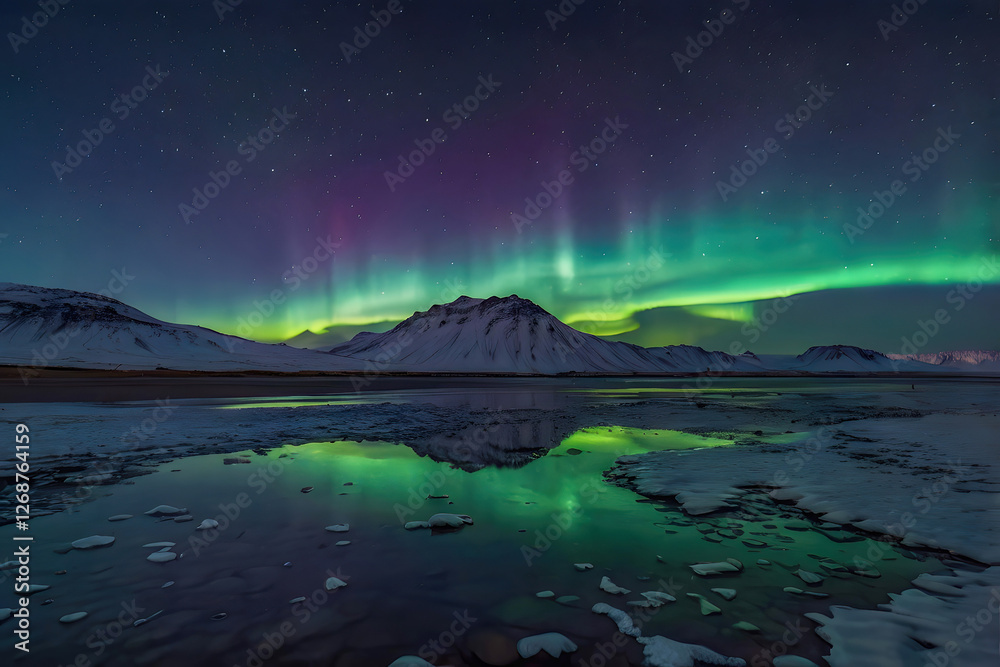 Naklejka premium Aurora northern lights in night sky with starry sky over arctic mountains reflecting on ice shore landscape, aurora borealis is a beautiful arctic polar nature phenomenon for a travel destination