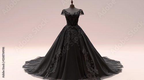 Elegant black lace gown on mannequin, studio shot photo