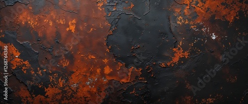 abstract digital artwork featuring a textured, rust-like surface. The composition is dominated by a blend of dark brown, black, and hints of orange and white, creating a rugged and weathered appearanc