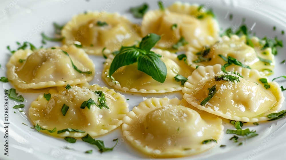 A close-up of handmade ravioli stuffed with ricotta and spinach, served on a white plate against a flawless white background. A close-up of handmade ravioli stuffed with ricotta and spinach, served on a white plate against a flawless white background.