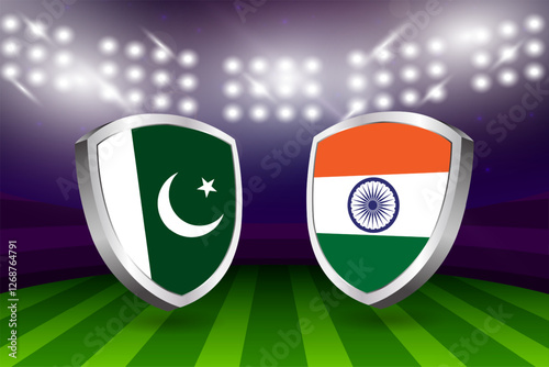 India vs Pakistan flag shields on a stadium background, cricket championship competition vector illustration	