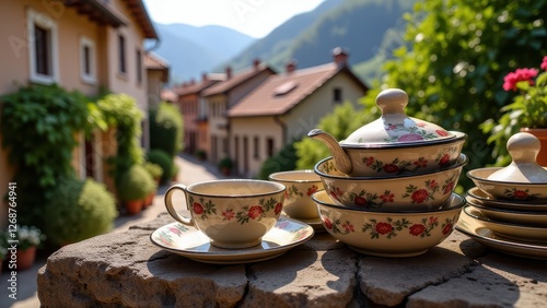 Crowded flea market, Village scene with antique kitchenware charming vibe