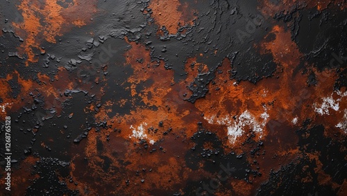 abstract digital artwork featuring a textured, rust-like surface. The composition is dominated by a blend of dark brown, black, and hints of orange and white, creating a rugged and weathered appearanc photo