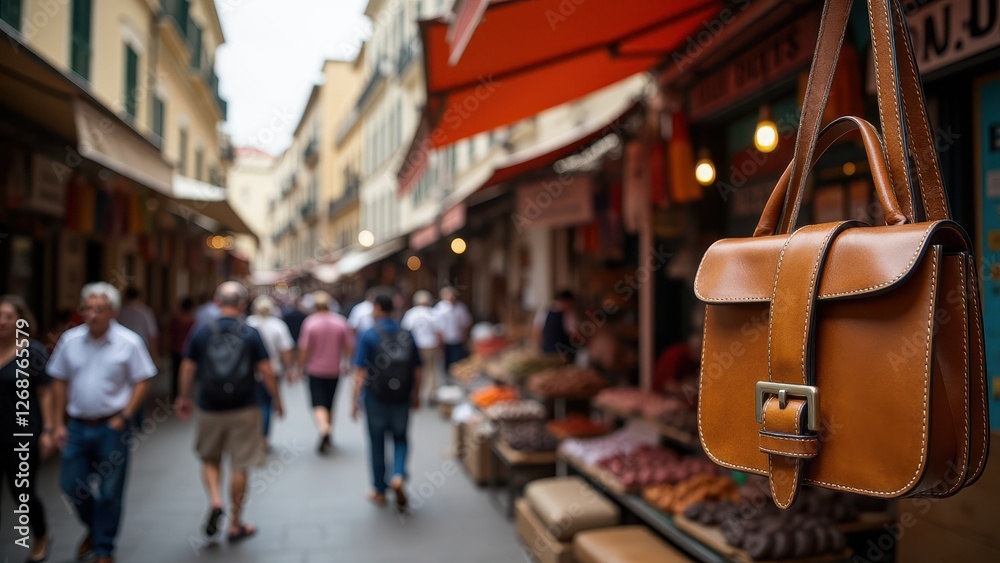 Obraz premium Crowded flea market, Vivid market stalls artisan leather goods in focus bustling lanes
