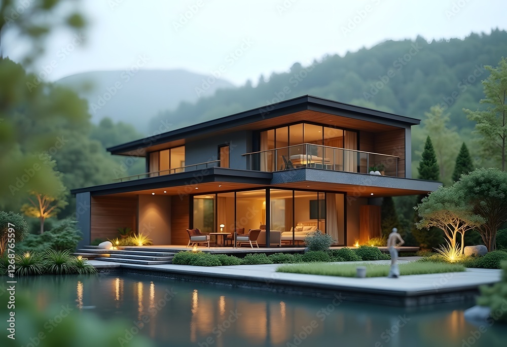 Obraz premium modern house at the lake, moody mountain forest background, water reflection, 3d render, 3d illustration 