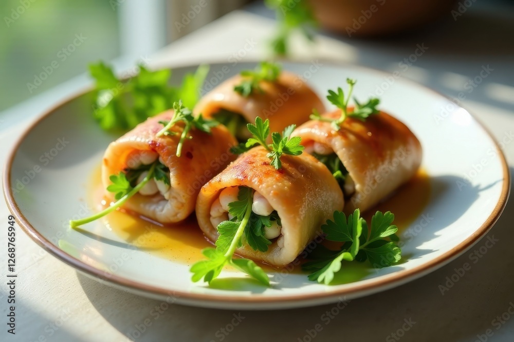 Savory Herb-Stuffed Rolls in Rich Glaze, Garnished with Fresh Parsley Savory Herb-Stuffed Rolls in Rich Glaze, Garnished with Fresh Parsley