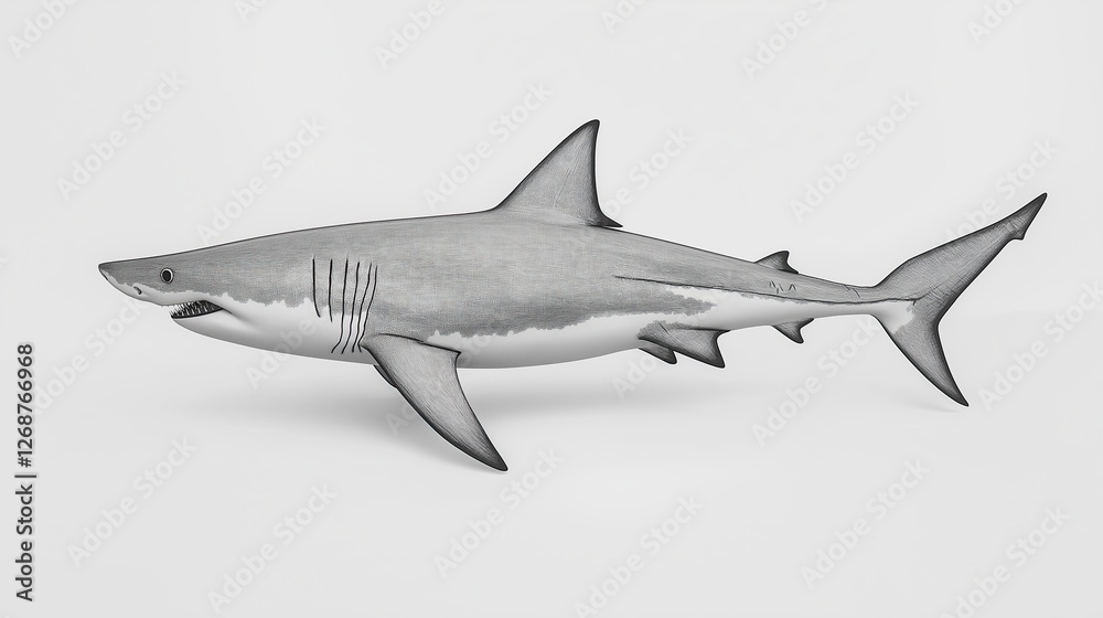 Obraz premium black and white illustration of a great white shark. The shark is shown in a side view, with its body facing towards the left side of the image