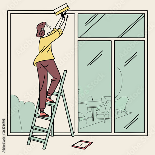 Person painting window frames while standing on a ladder, showcasing home improvement and dedication in a practical setting