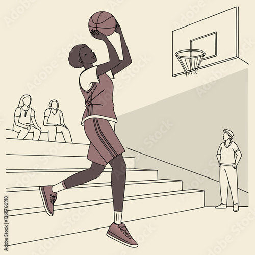 Person jumping to shoot a basketball in a gym, showcasing athleticism and teamwork in a sporting environment
