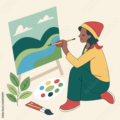 Person painting a landscape on a canvas, showcasing creativity and artistic expression in a colorful setting
