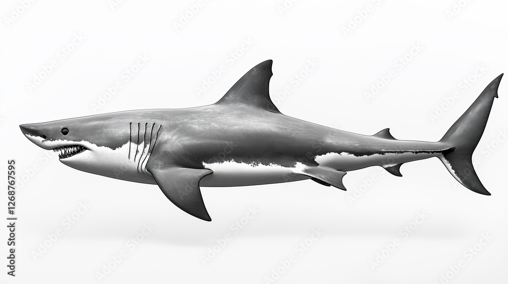 Fototapeta premium black and white illustration of a great white shark. The shark is shown in a side view, with its body facing towards the left side of the image