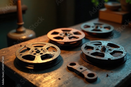 Wallpaper Mural Vintage reel-to-reel audio tapes resting on a wooden surface, illuminated by soft ambient light, hinting at a nostalgic past and the enduring power of analog sound recording Torontodigital.ca