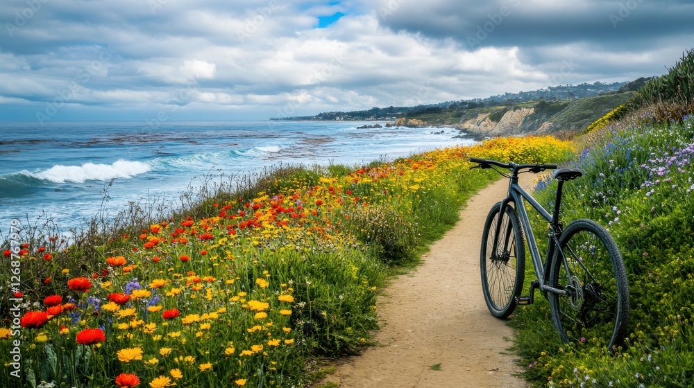 Obraz premium Peaceful bike ride along a coastal path adorned with vibrant wildflowers under a cloudy sky