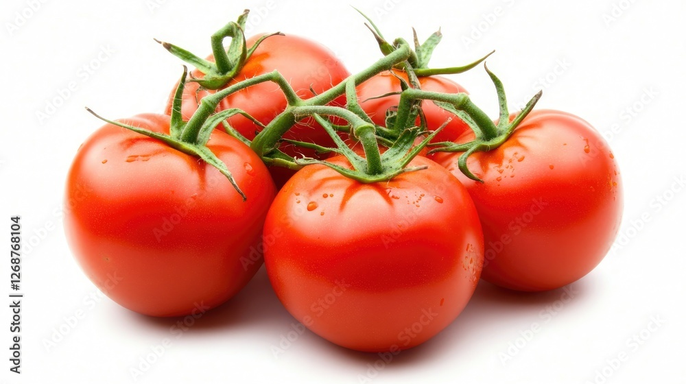 A clean white background with a collection of fresh, juicy tomatoes arranged artistically, ideal for food packaging A clean white background with a collection of fresh, juicy tomatoes arranged artistically, ideal for food packaging