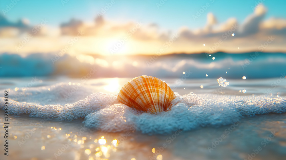 A beautiful seashell on the beach at sunrise, surrounded by gentle ocean waves. A beautiful seashell on the beach at sunrise, surrounded by gentle ocean waves.