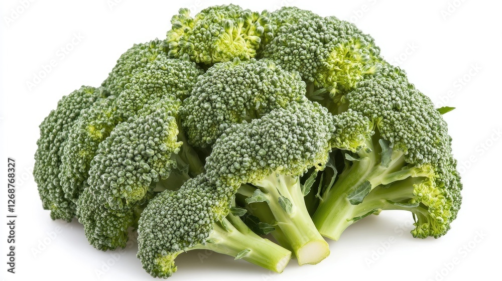 A close-up of a broccoli crown with tightly packed florets, arranged on a white background, symbolizing organic, green produce A close-up of a broccoli crown with tightly packed florets, arranged on a white background, symbolizing organic, green produce