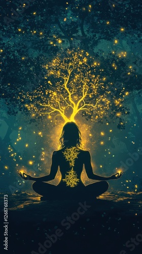 Mystical meditating woman surrounded by glowing orbs and tree of life in a serene forest at twilight