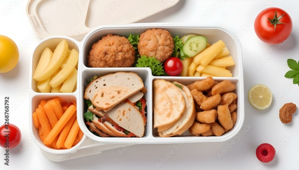 Lunch box with delicious food isolated on a white background Lunch box with delicious food isolated on a white background